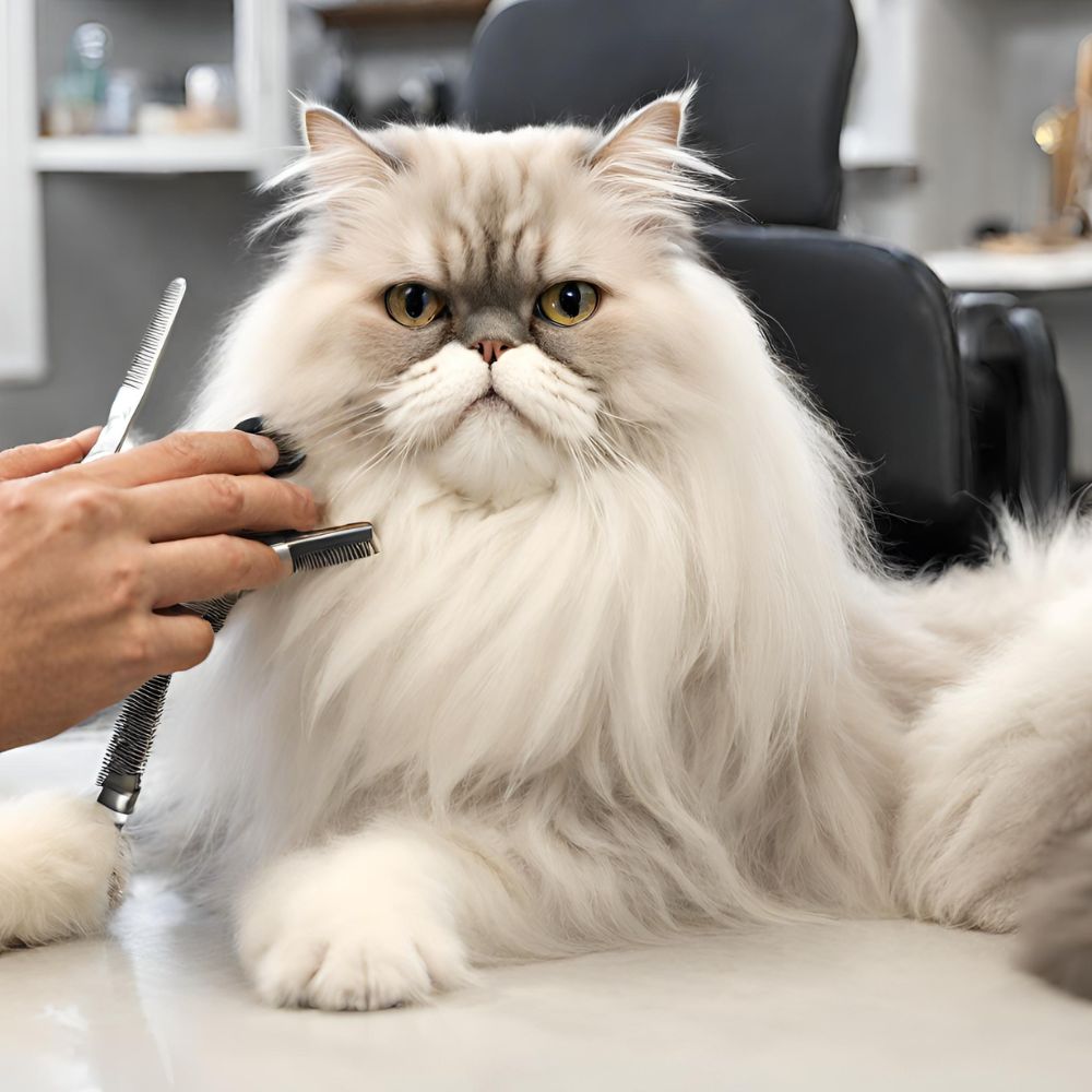 Persian cat getting a hair trim